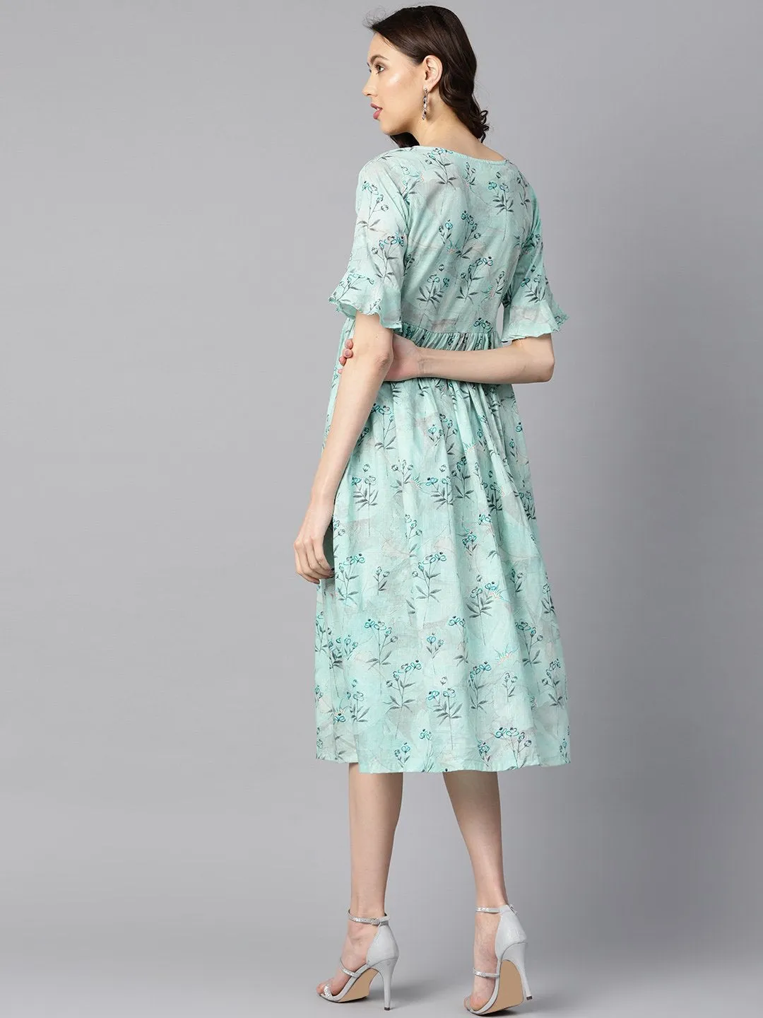 Sky Blue Floral Printed Dress With Flared Sleeves