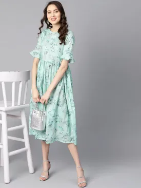 Sky Blue Floral Printed Dress With Flared Sleeves