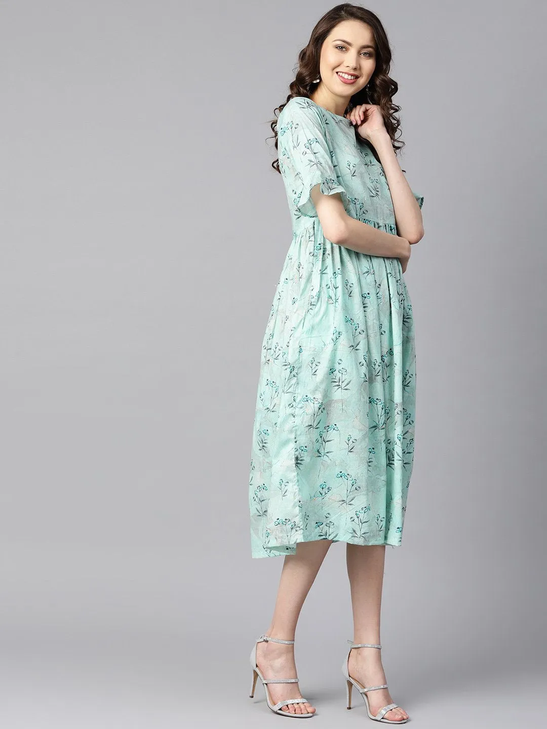 Sky Blue Floral Printed Dress With Flared Sleeves