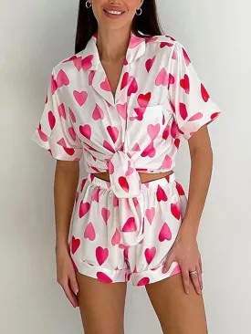 Sleeve Heart Print Loose Shirt Shorts Loungewear PJs Short Pajamas