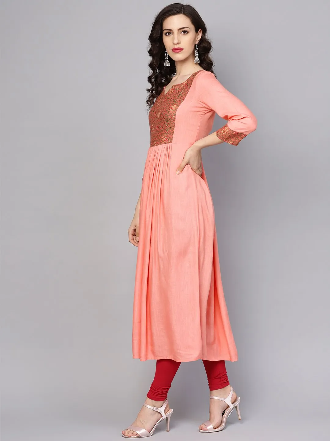 Solid Peach 3/4Th Sleeve Rayon Maxi Dress