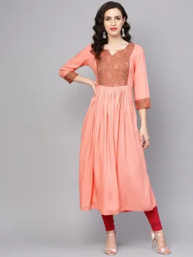 Solid Peach 3/4Th Sleeve Rayon Maxi Dress