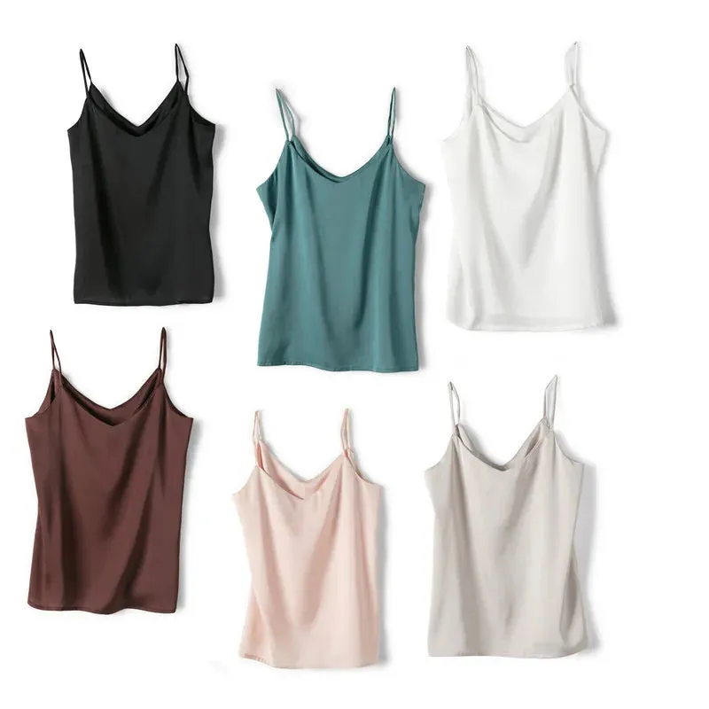 Spaghetti Strap Top Women Halter V Neck Basic White Cami Sleeveless Satin Silk Tank Tops Women'S Summer 2022 Camisole