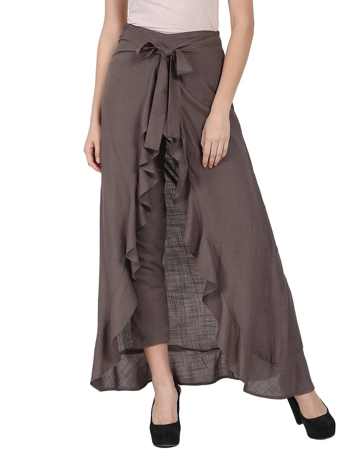 Taupe Ankle Length Rayon Slub Flared Skirt