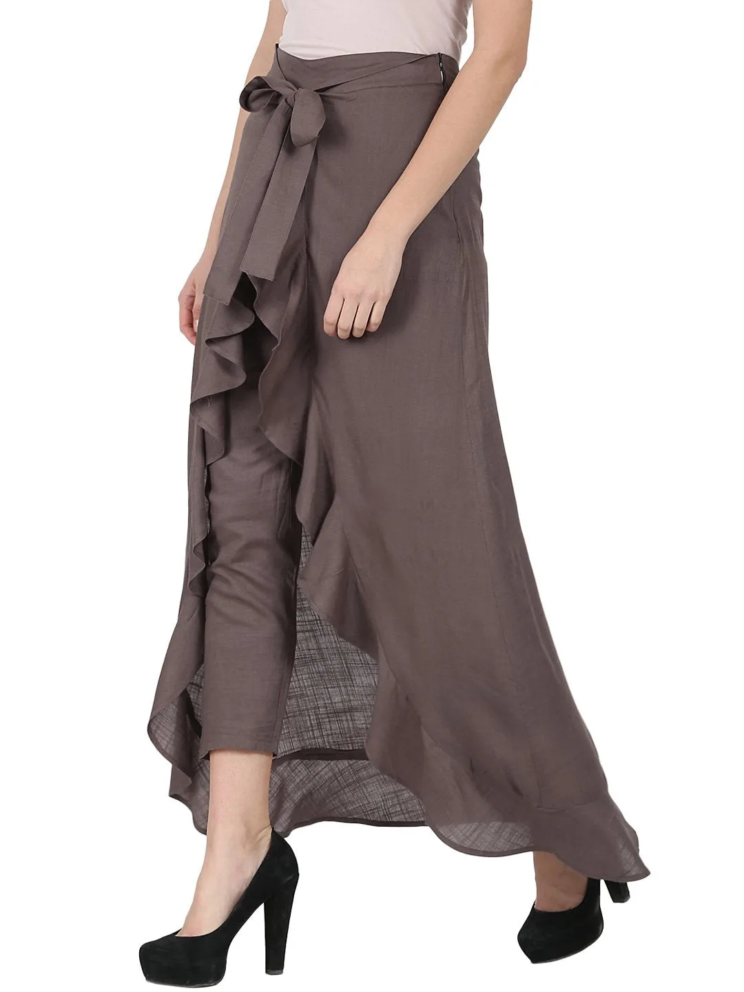 Taupe Ankle Length Rayon Slub Flared Skirt