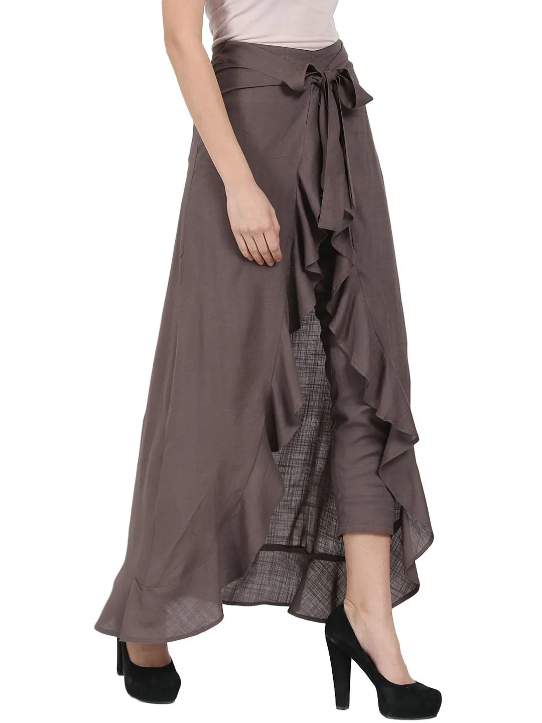 Taupe Ankle Length Rayon Slub Flared Skirt