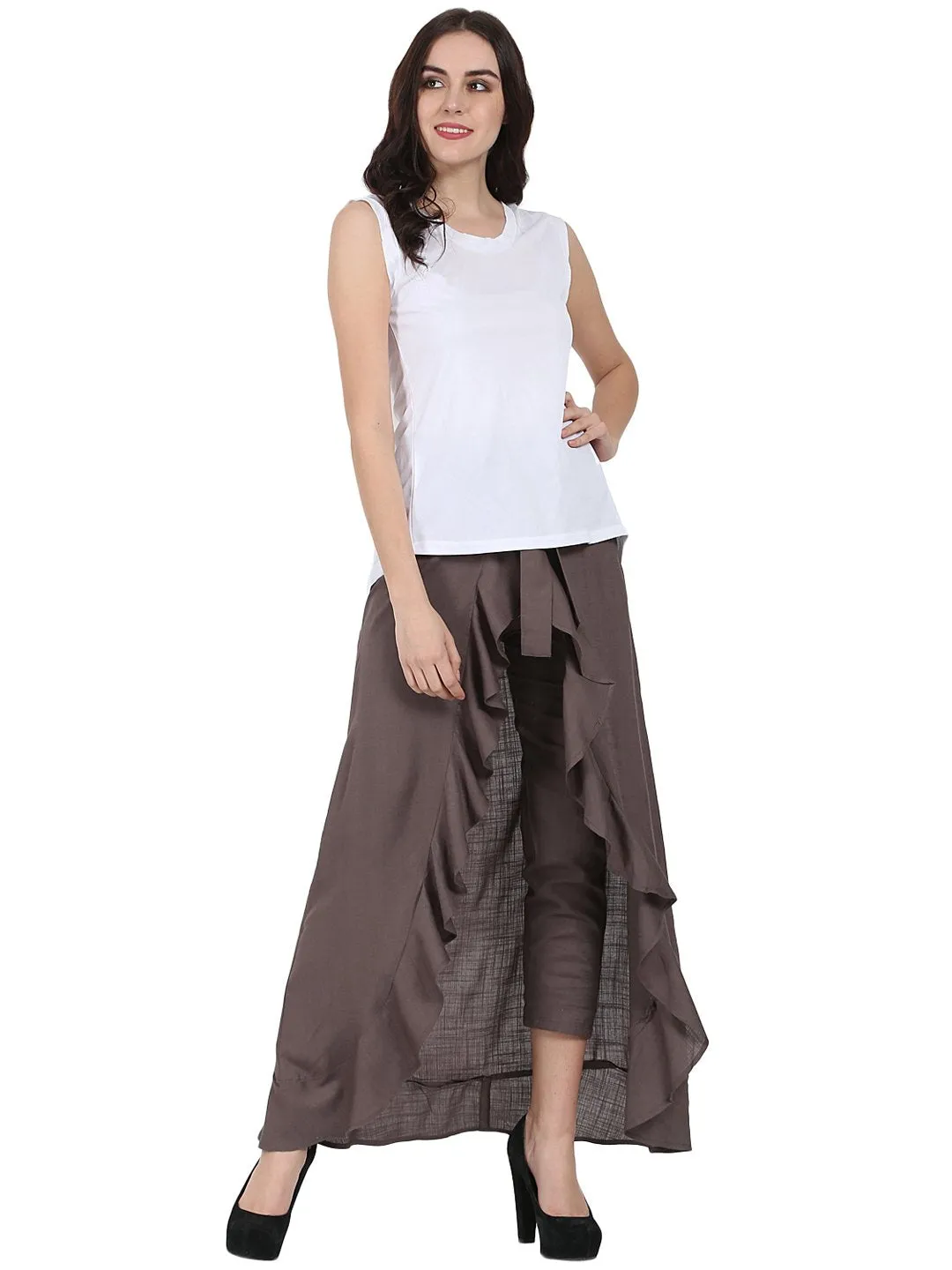 Taupe Ankle Length Rayon Slub Flared Skirt