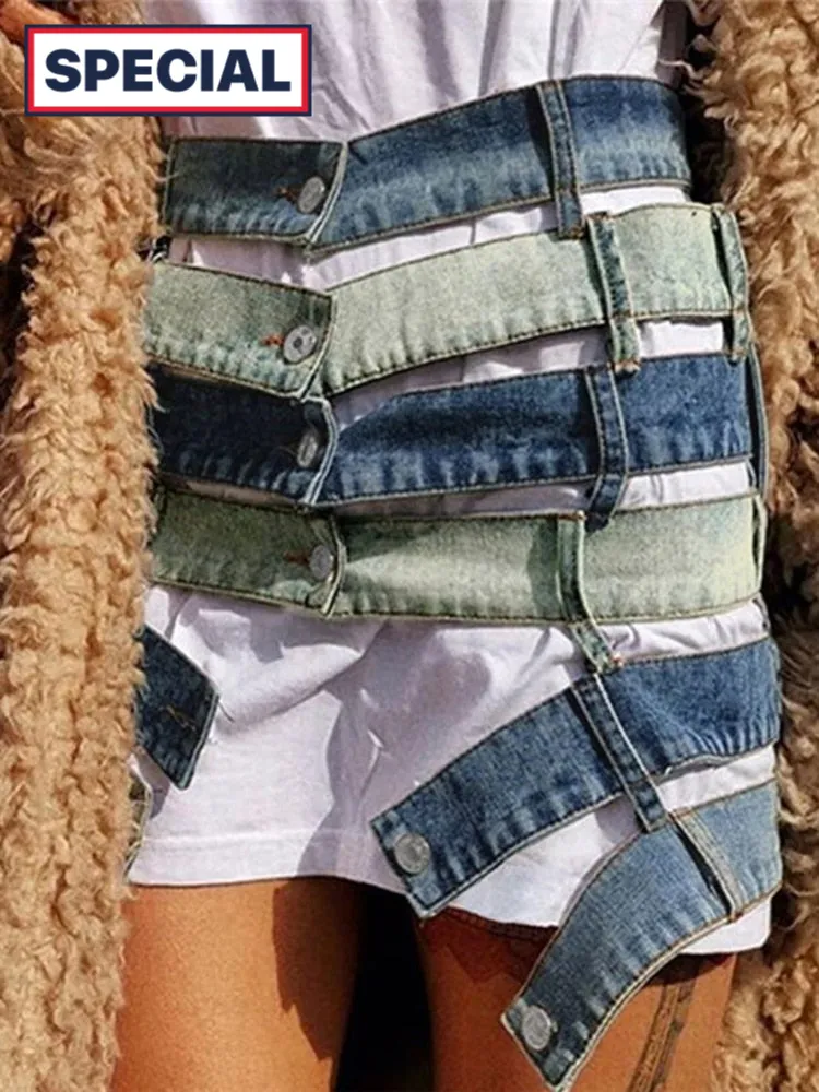 Trendy Denim Colorblock High Waist Skirt