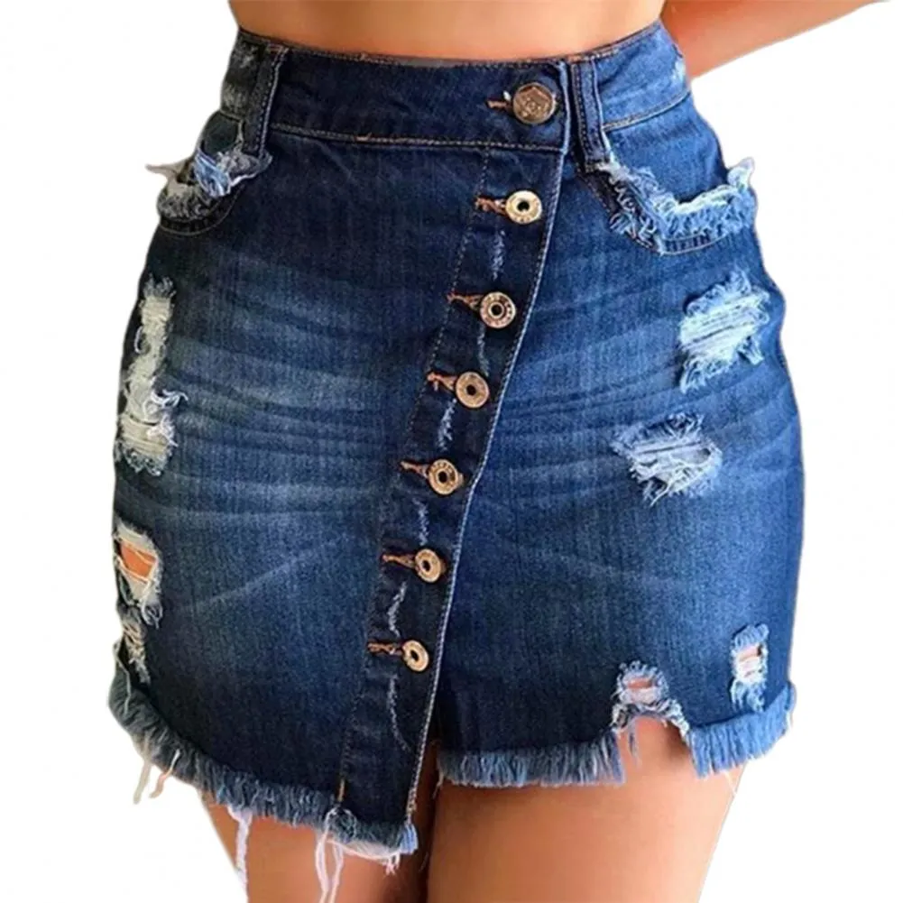 Trendy High Waist Ripped Denim Skirt