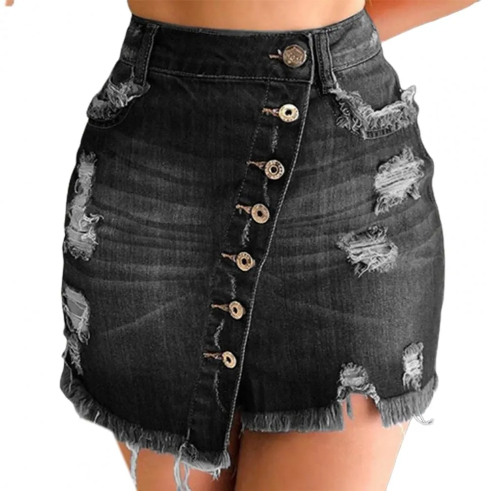 Trendy High Waist Ripped Denim Skirt