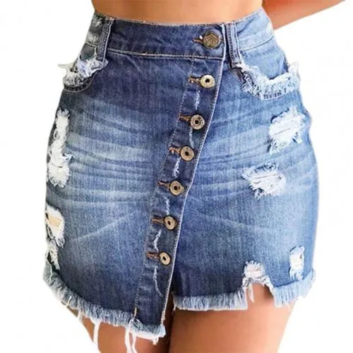 Trendy High Waist Ripped Denim Skirt