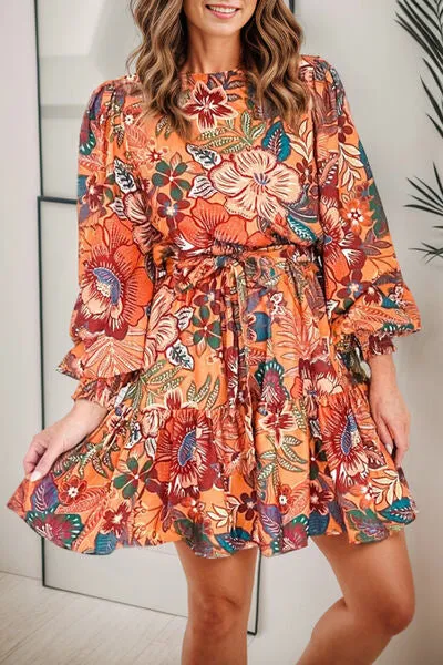 Tropical Print Tie Waist Lantern Sleeve Mini Dress