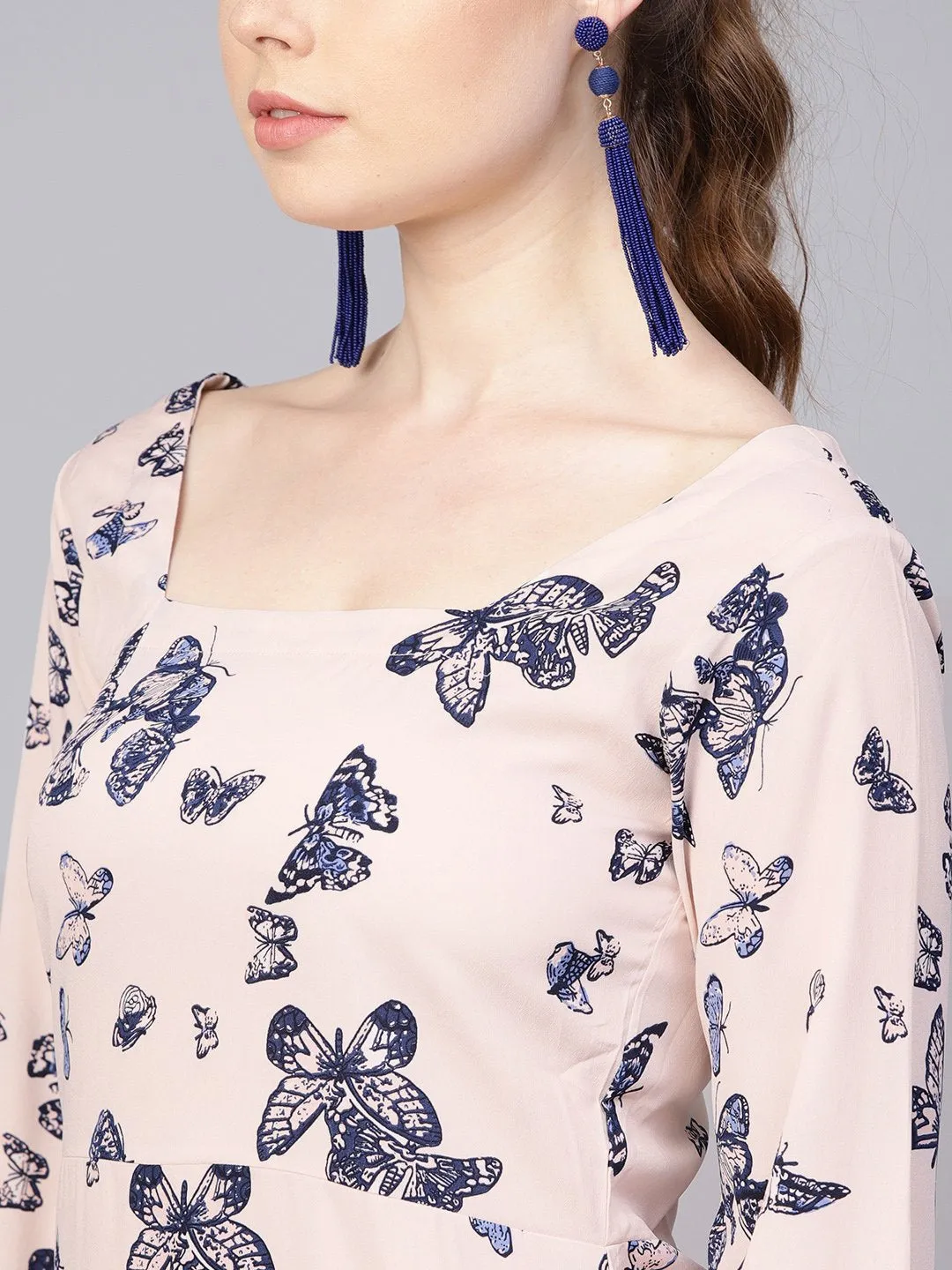 White Butterfly Printed Dress With Square Neck