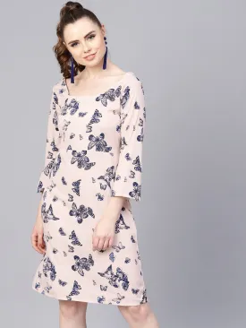 White Butterfly Printed Dress With Square Neck