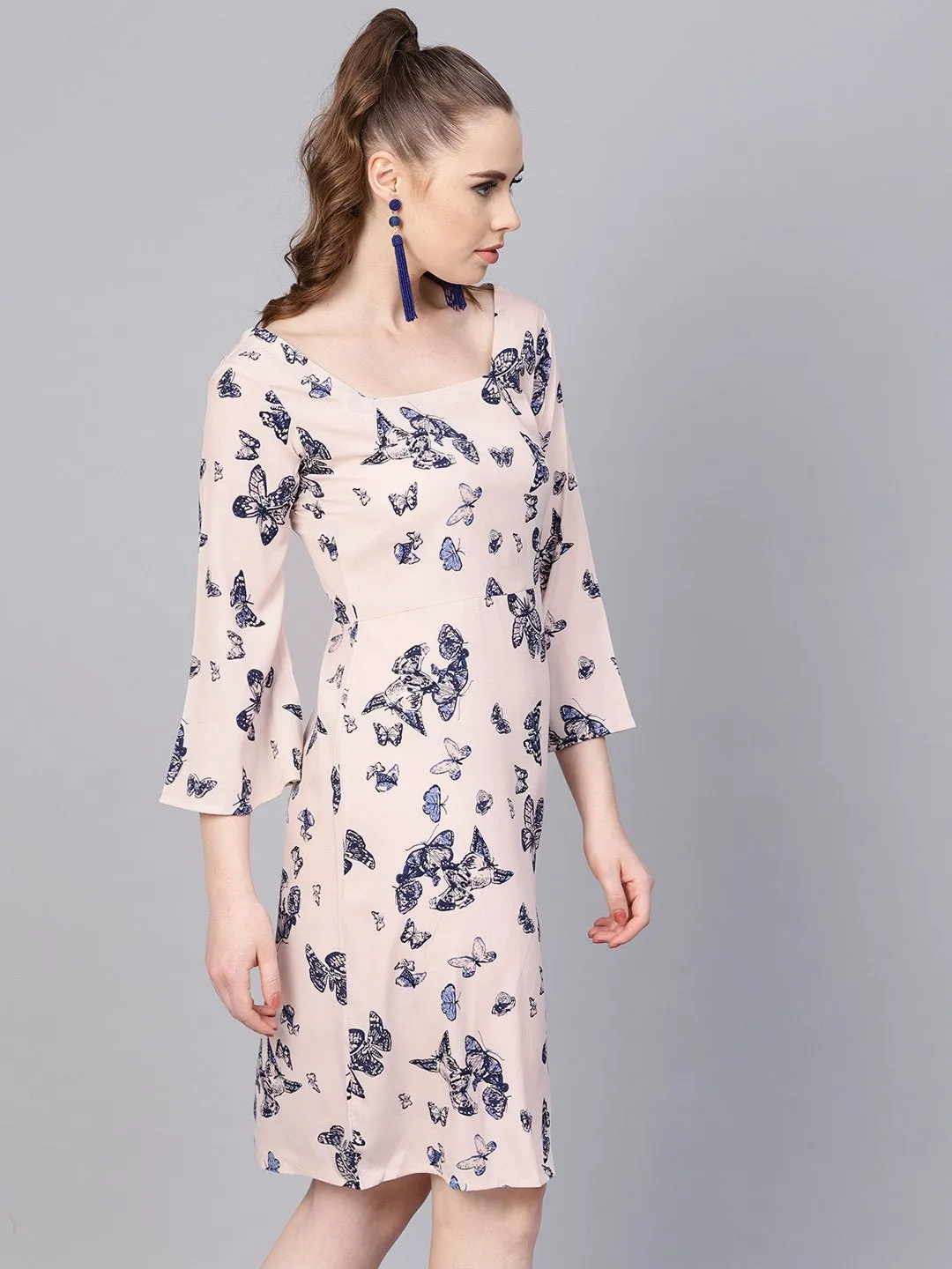 White Butterfly Printed Dress With Square Neck