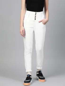 White Metal Button High Waist Jeans