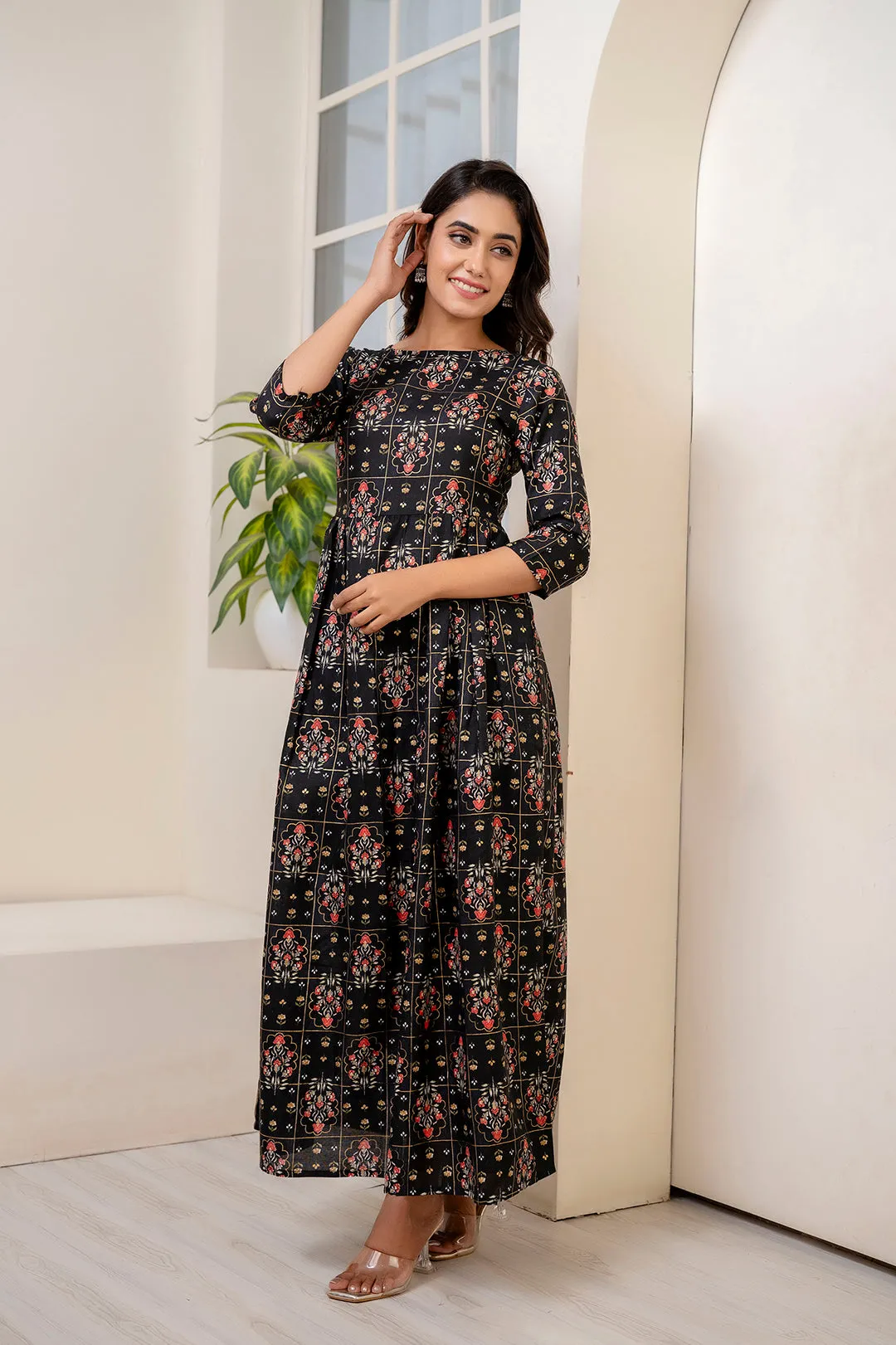 Women Black Ethnic Printed Dress With Gather