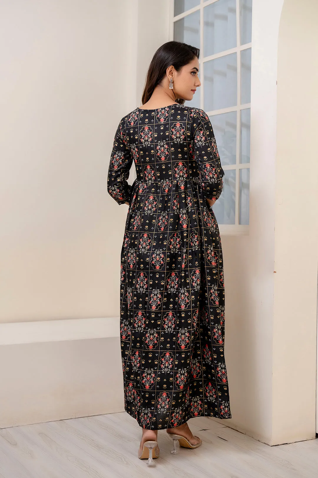 Women Black Ethnic Printed Dress With Gather