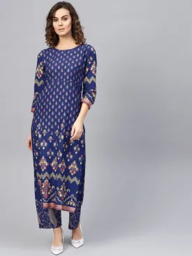 Women Blue & Golden Printed Kurta With Trousers