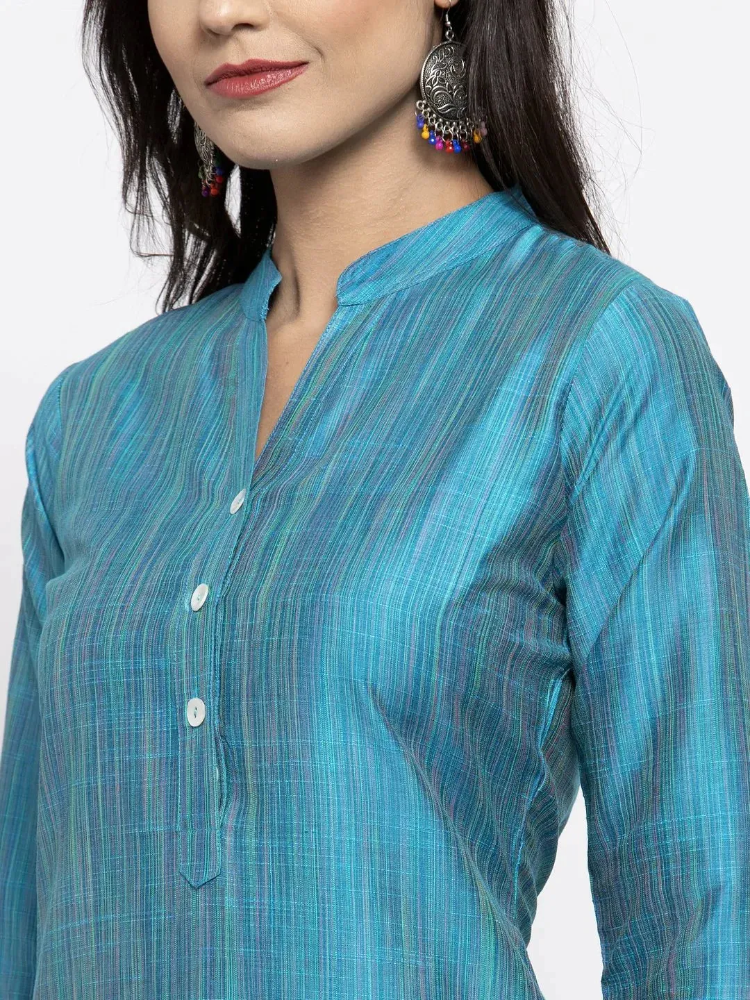 Women Blue & Green Self-Striped Kurta With Trousers & Floral Georgette Dupatta