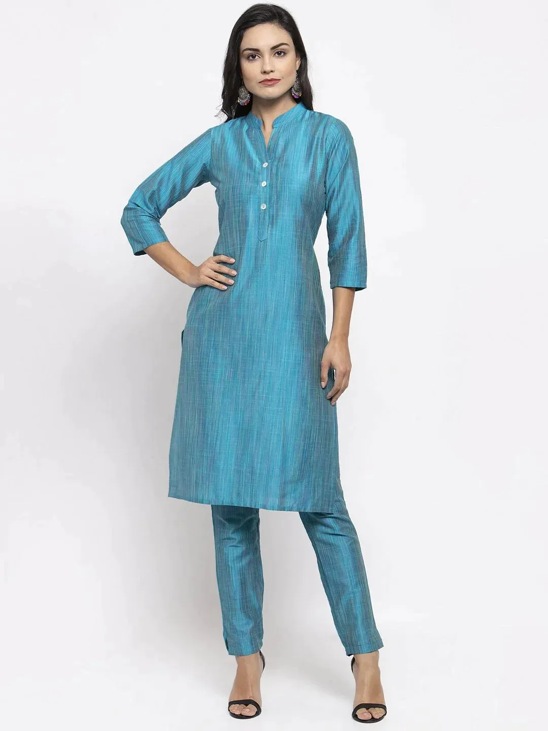 Women Blue & Green Self-Striped Kurta With Trousers & Floral Georgette Dupatta