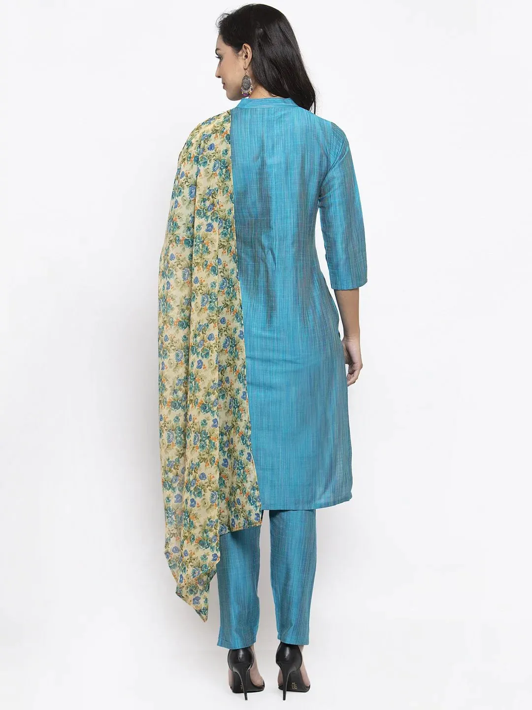 Women Blue & Green Self-Striped Kurta With Trousers & Floral Georgette Dupatta