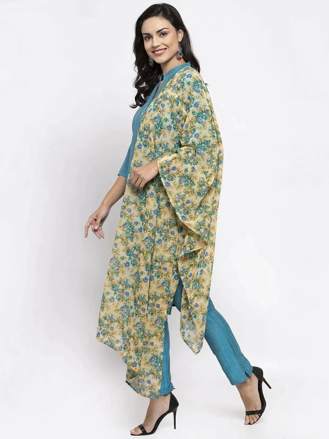 Women Blue & Green Self-Striped Kurta With Trousers & Floral Georgette Dupatta