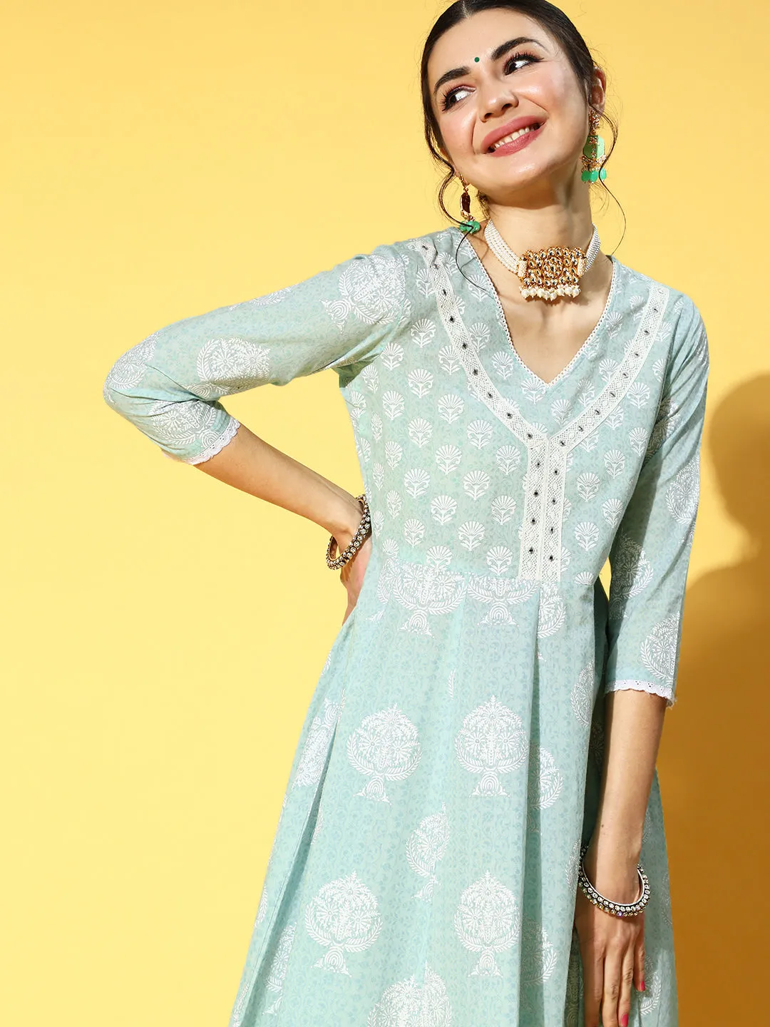 Women Blue Ethnic Motifs Printed Panelled Pure Cotton Kurta With Trousers & With Dupatta