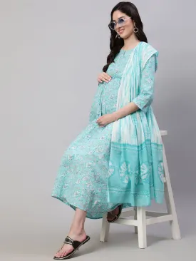 Women Blue Floral Printed Flared Maternity Dress With Dupatta