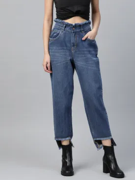 Women Blue High Low Hem Slouchy Jeans