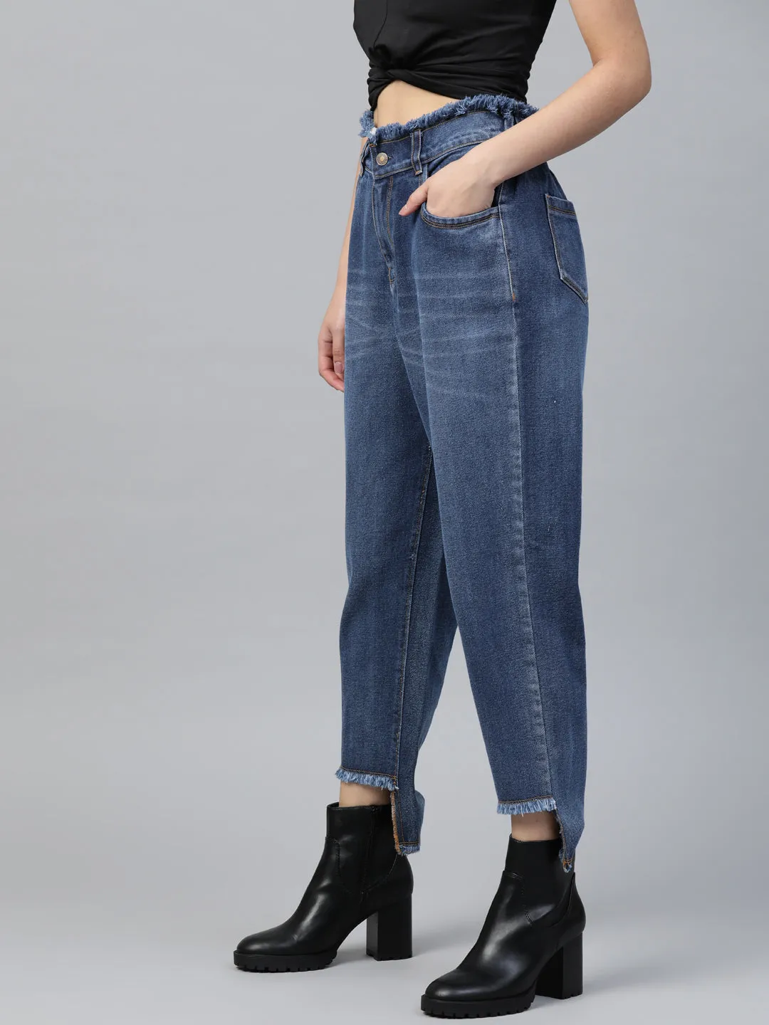 Women Blue High Low Hem Slouchy Jeans