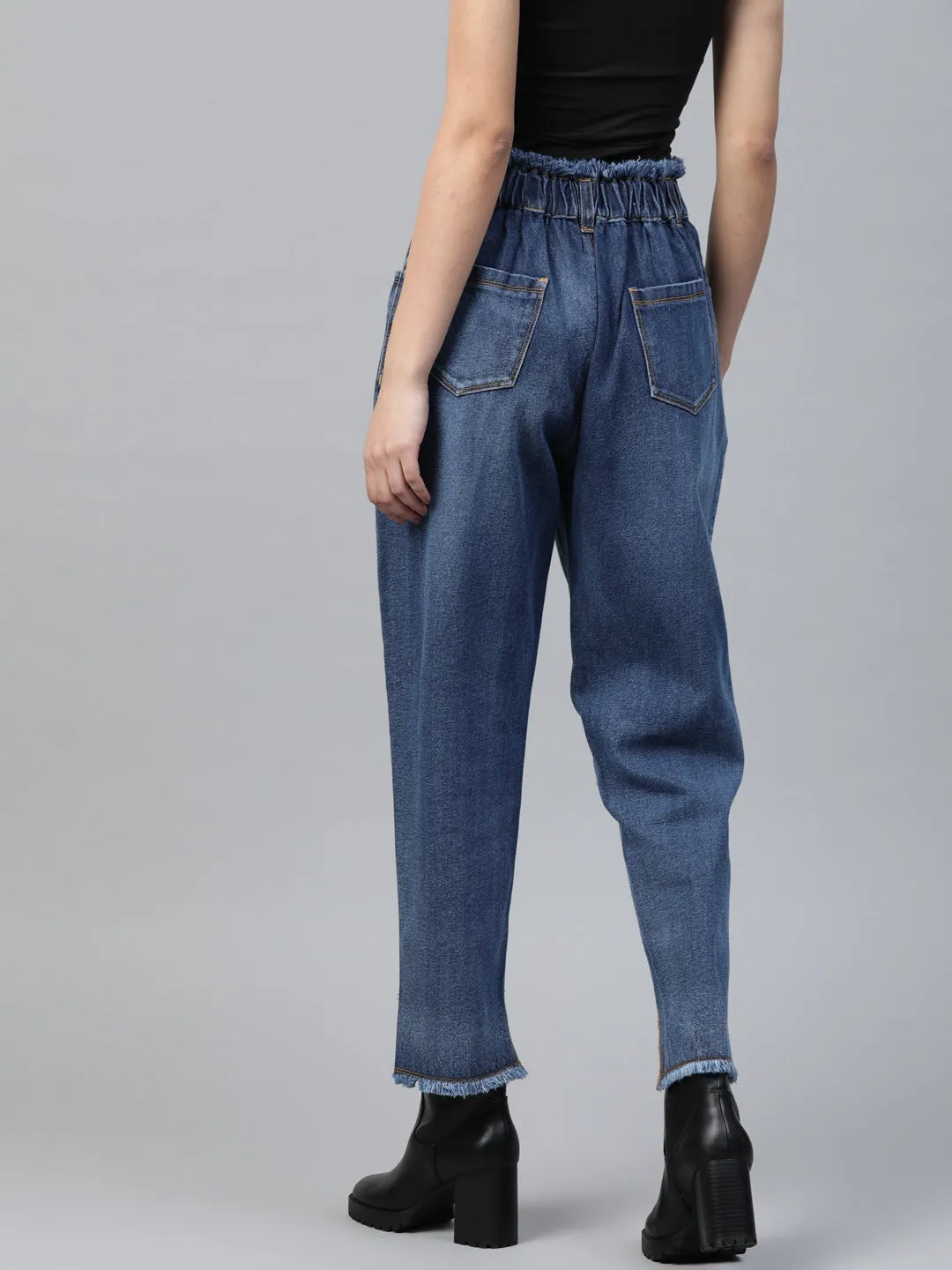 Women Blue High Low Hem Slouchy Jeans