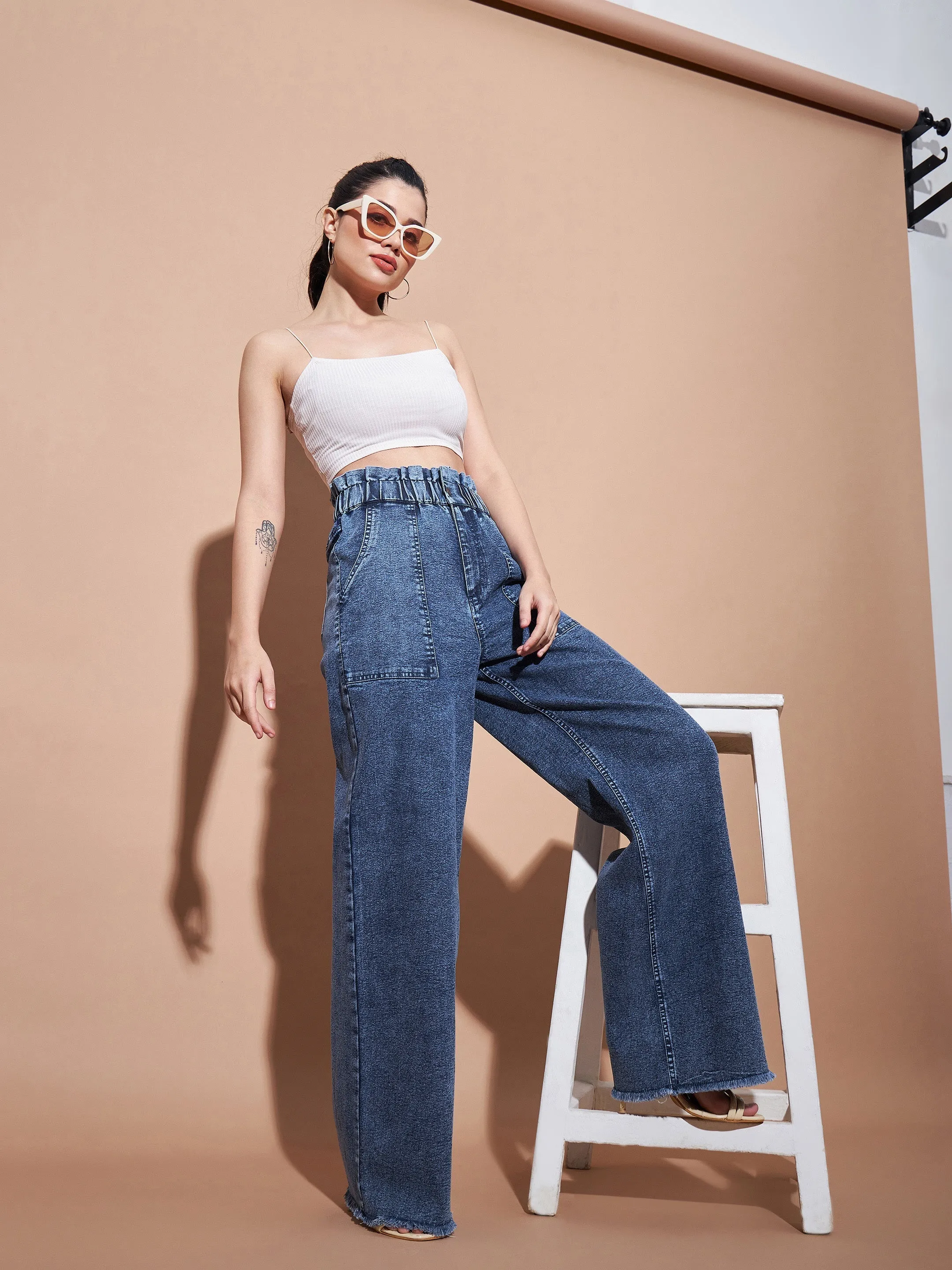 Women Blue Paper Bag Waist Straight Jeans