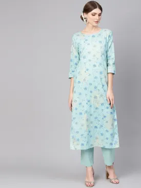 Women Blue Printed Kurta With Trousers