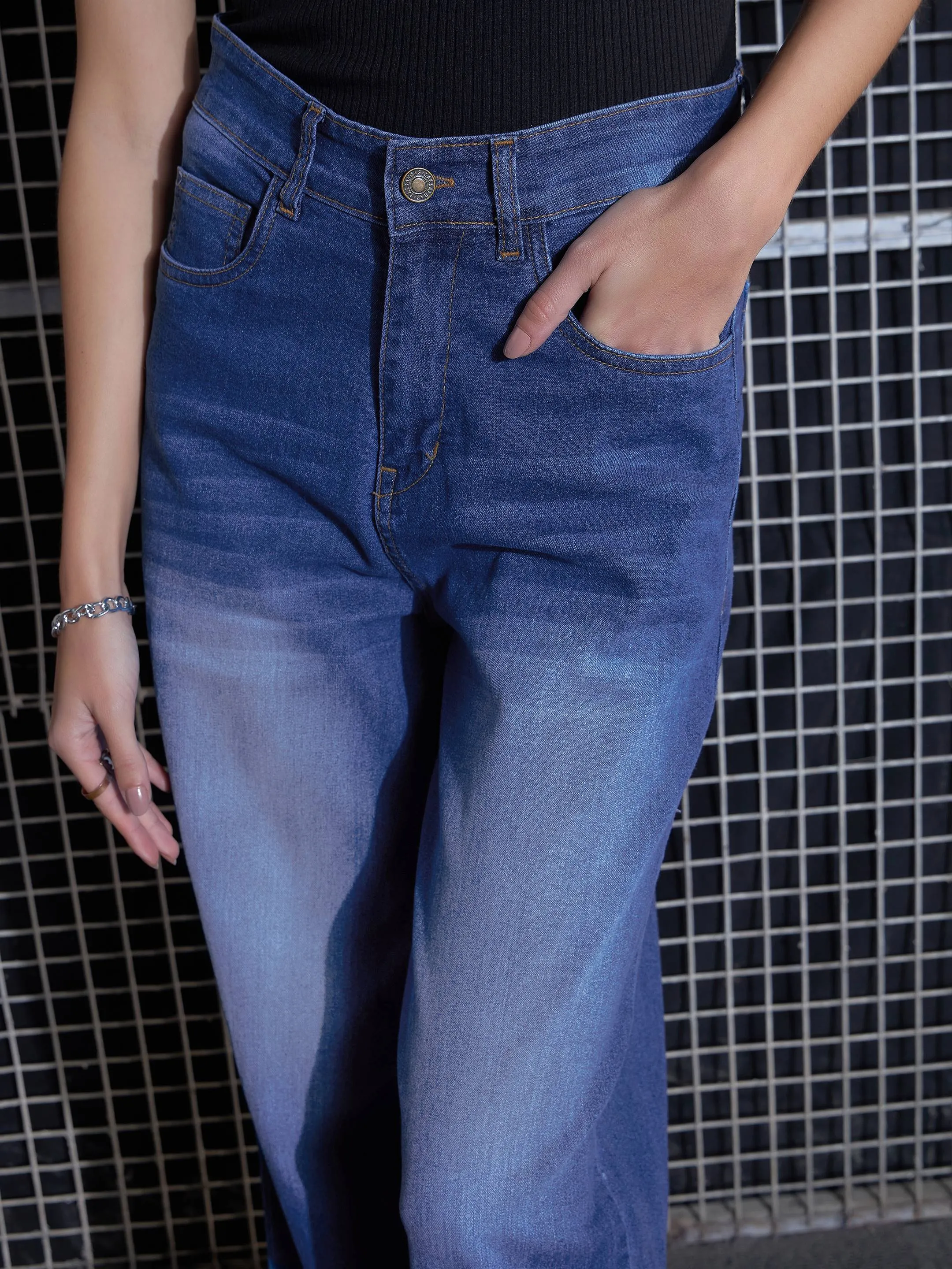 Women Blue Wide Leg Faded Jeans