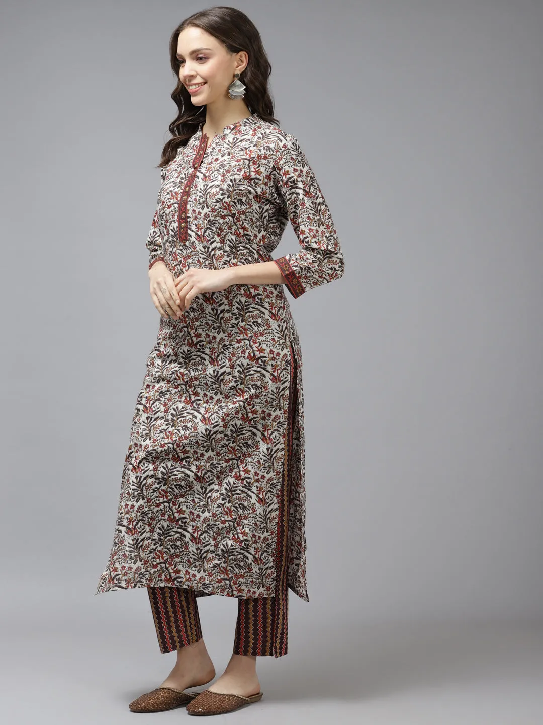 Women Brown And White Cotton Kurta Set With Dupatta