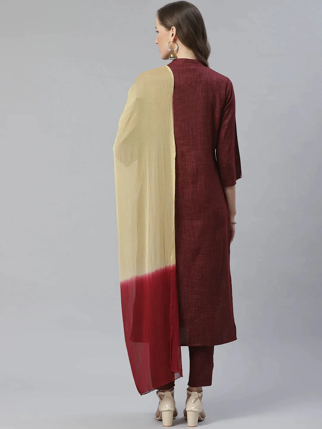 Women Burgundy & Beige Self Checked Kurta With Trousers & Dupatta