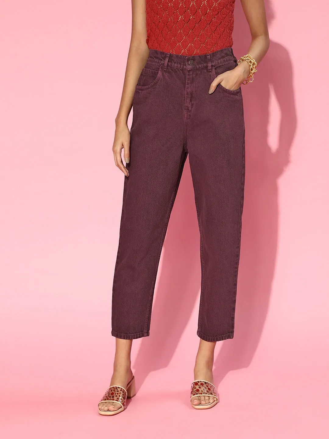 Women Burgundy High Waist Mom Fit Jeans