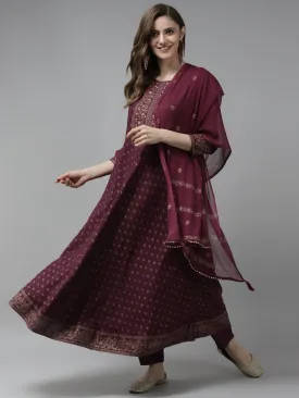 Women Burgundy Rayon Kurta Set With Dupatta