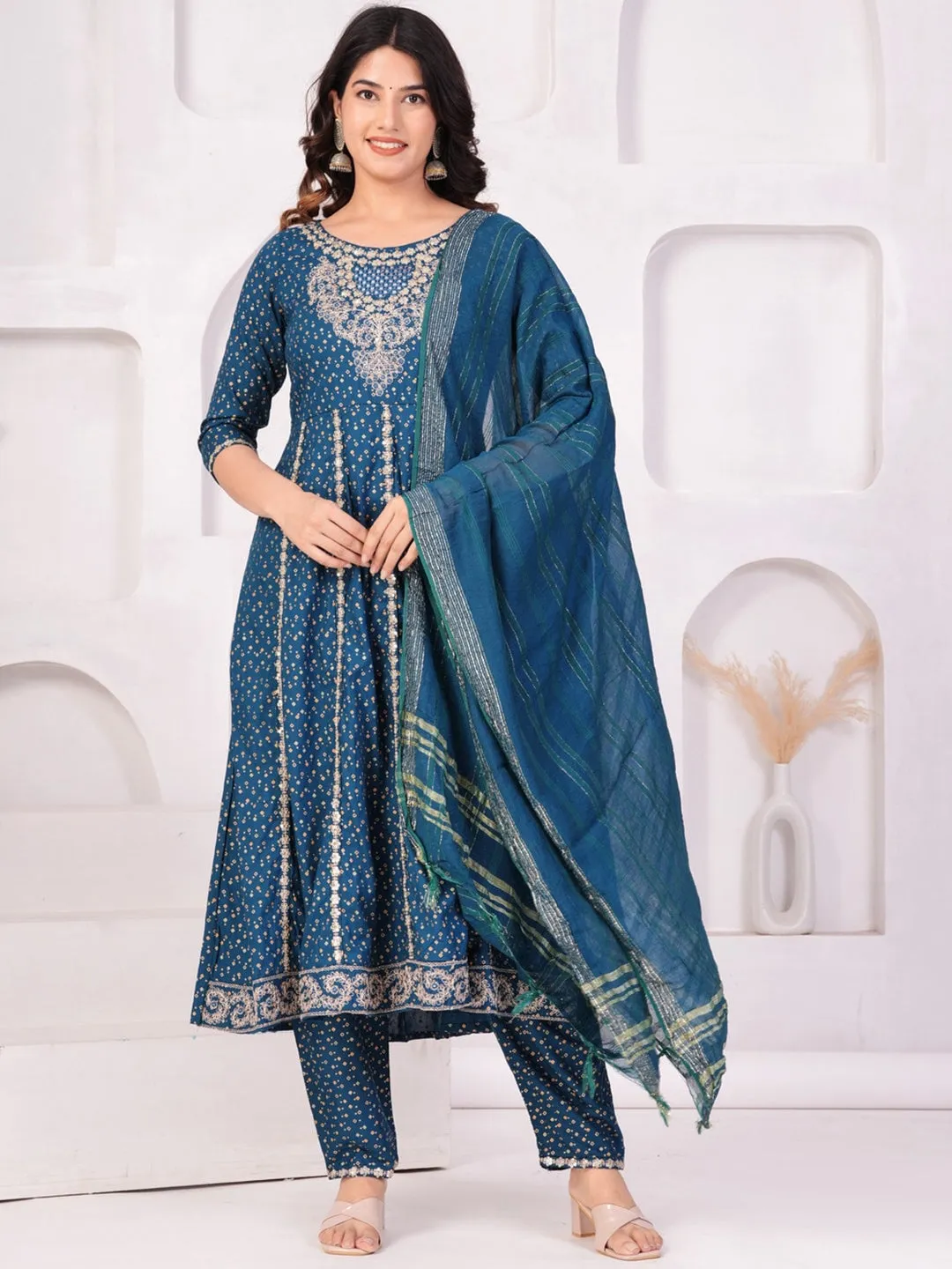 Women Ethnic Motifs Printed Panelled Thread Work Kurta With Trousers & Dupatta