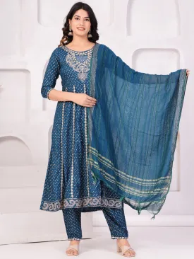 Women Ethnic Motifs Printed Panelled Thread Work Kurta With Trousers & Dupatta