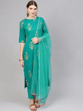 Women Green & Golden Printed Kurta With Trousers & Dupatta