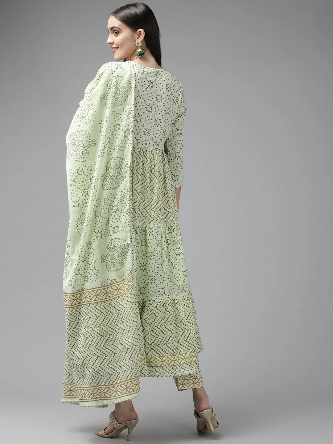 Women Green Ethnic Print Tiered Pure Cotton Kurta With Trousers & Dupatta