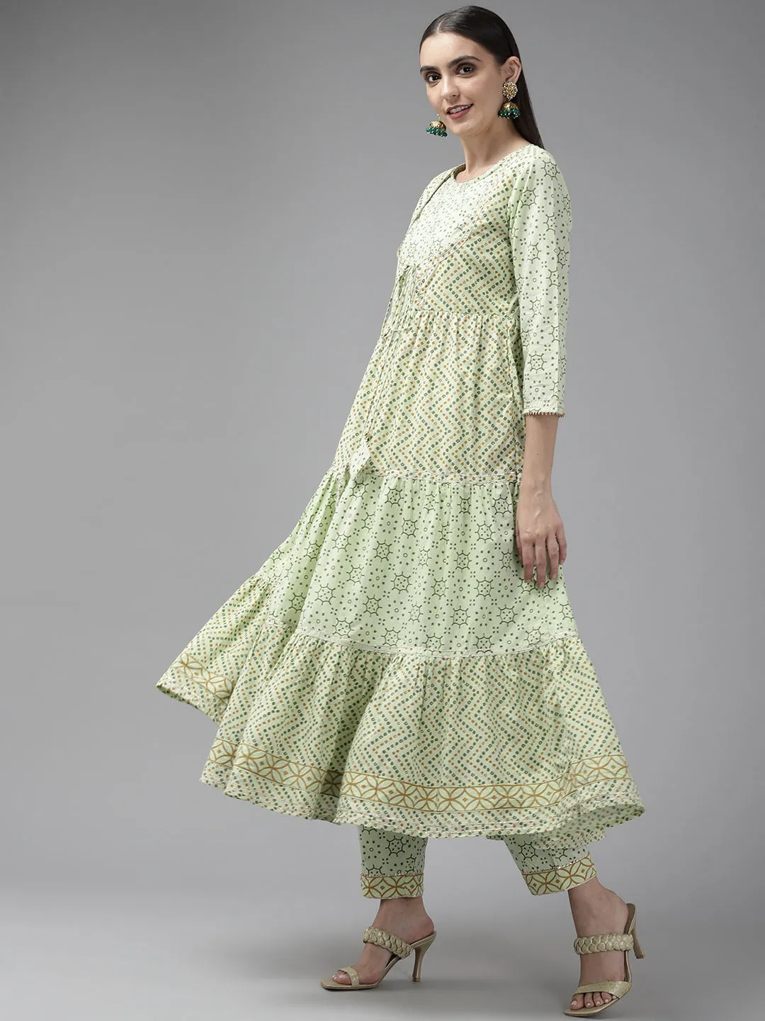 Women Green Ethnic Print Tiered Pure Cotton Kurta With Trousers & Dupatta