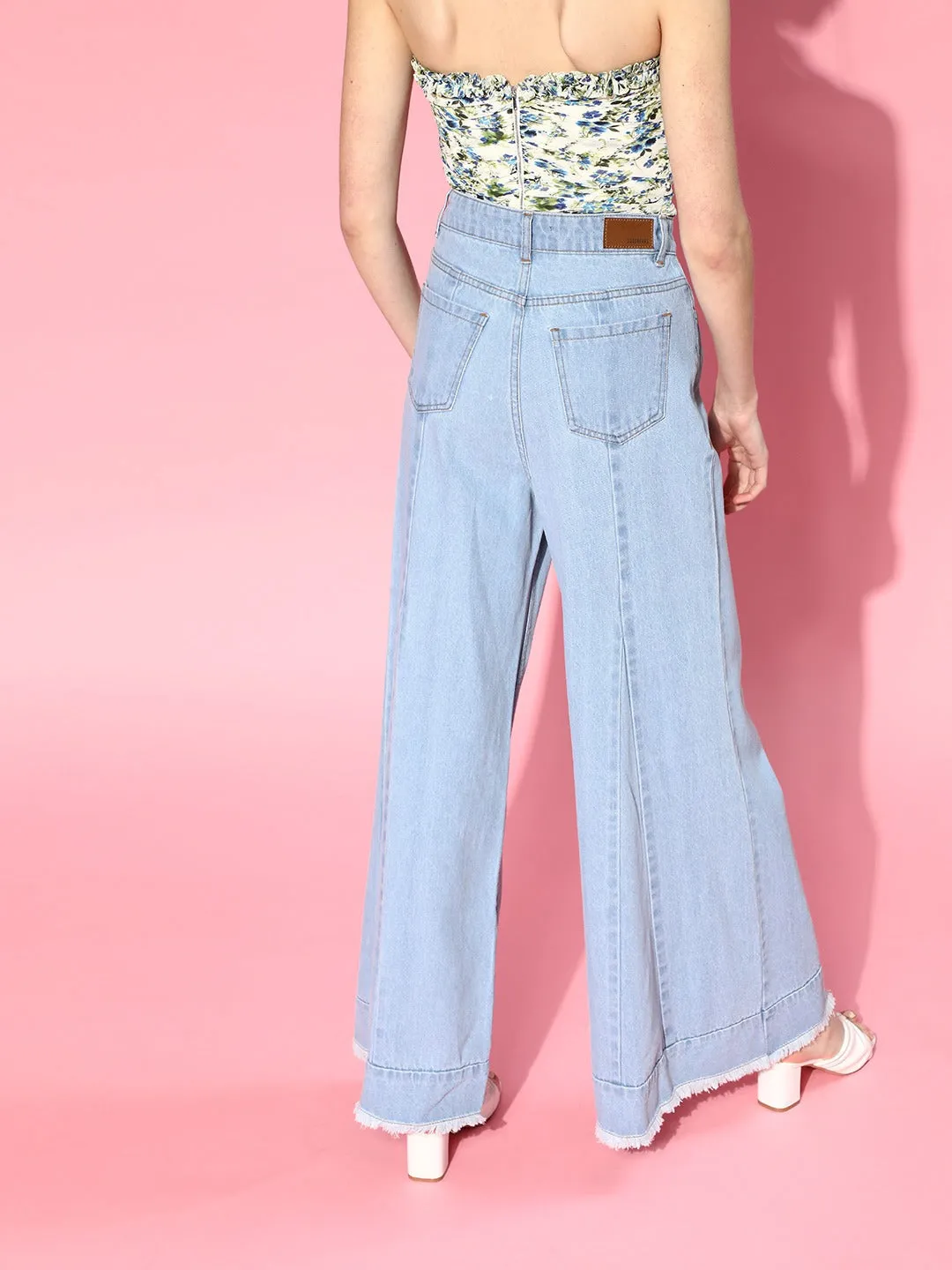 Women Ice Blue Front Pleat Flared Leg Jeans