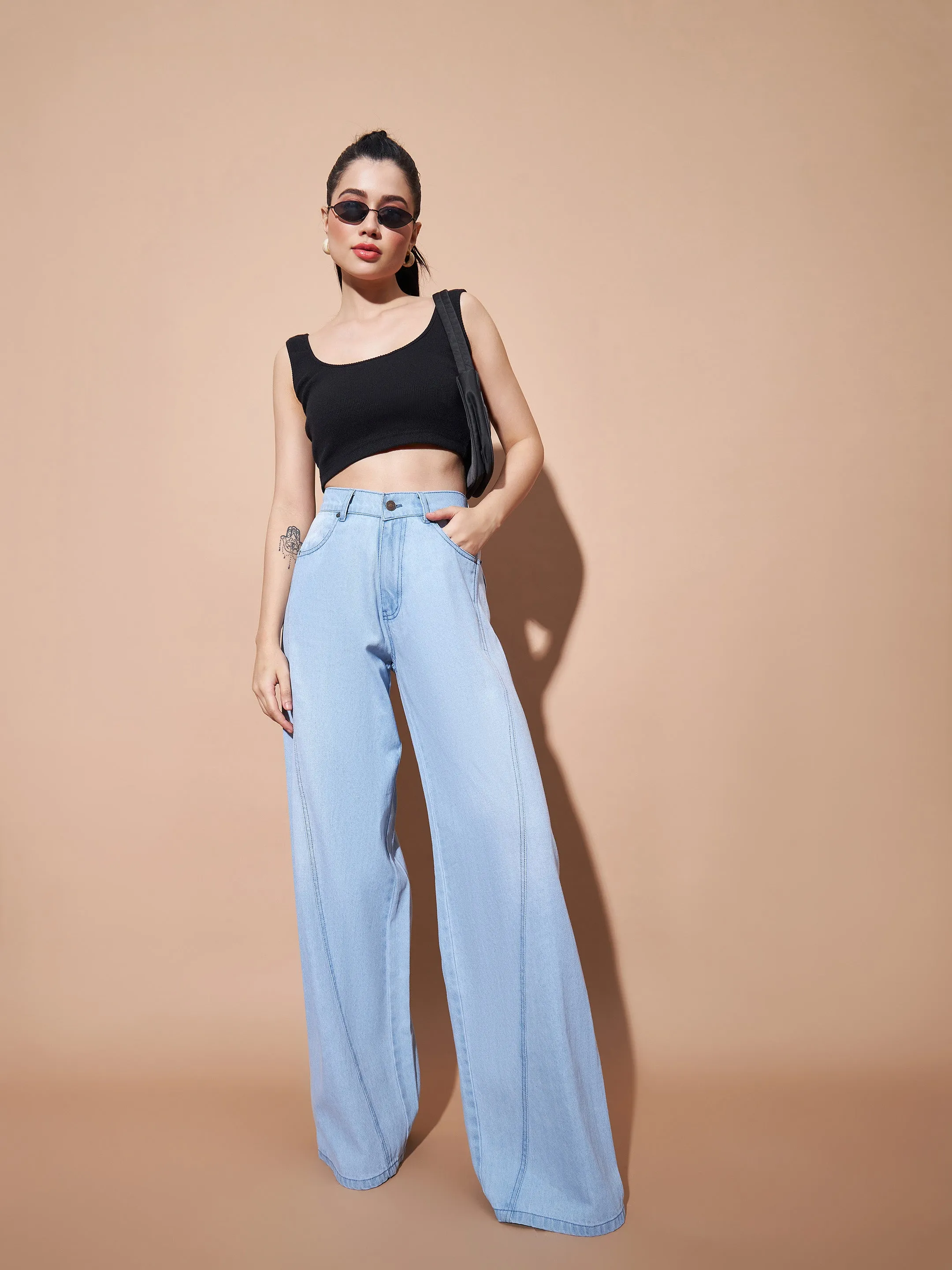 Women Ice Blue Seam Detail Wide Leg Jeans