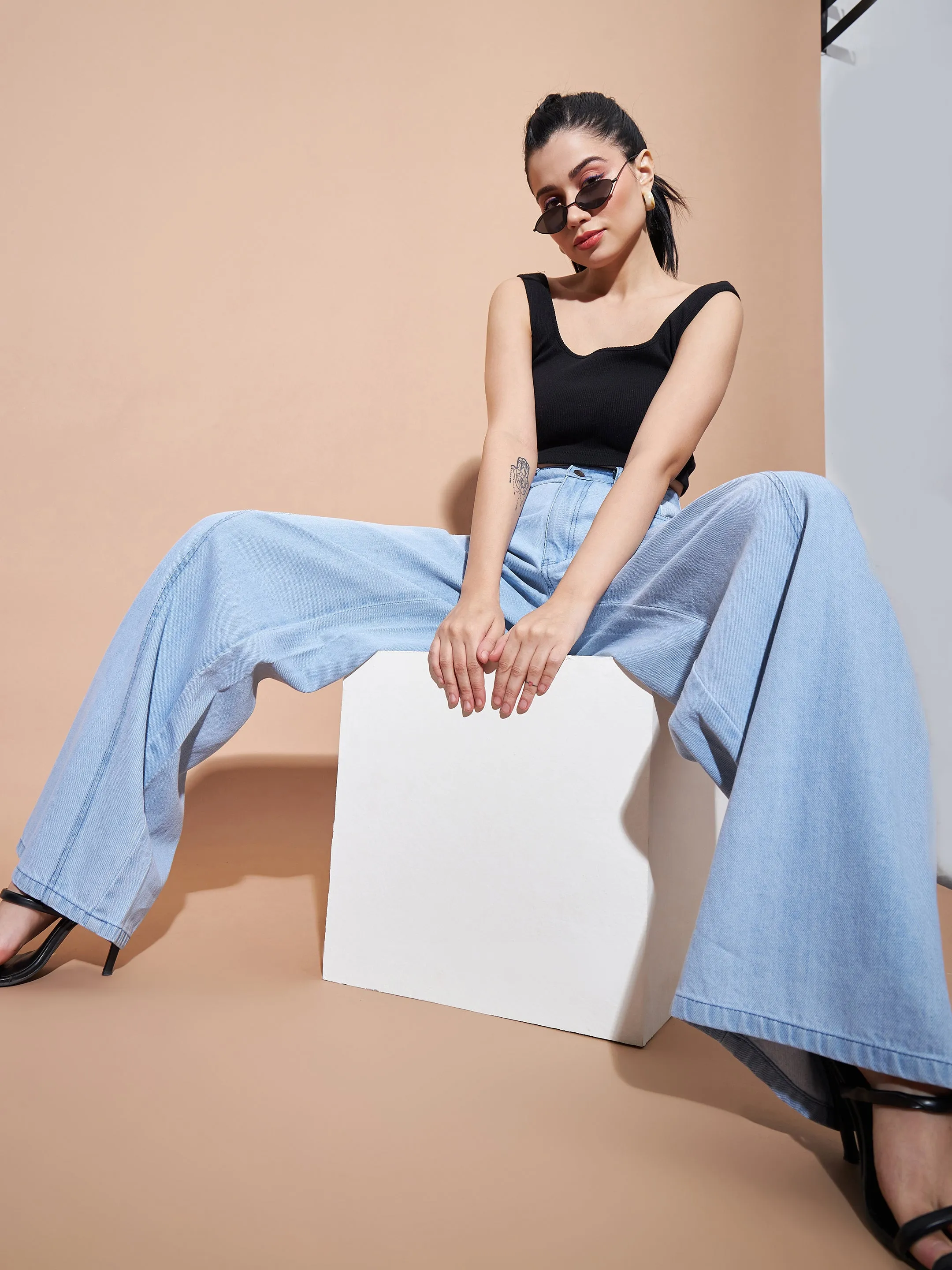 Women Ice Blue Seam Detail Wide Leg Jeans