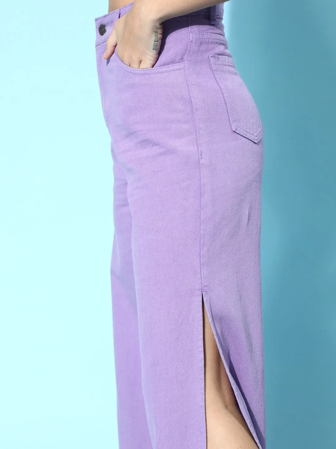 Women Lavender Side Slit Straight Jeans