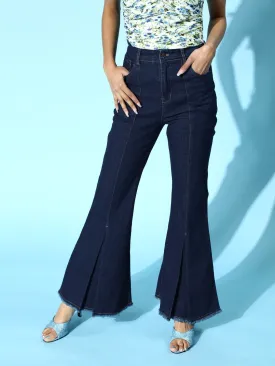 Women Navy Blue Front Slit Bell Bottom Jeans