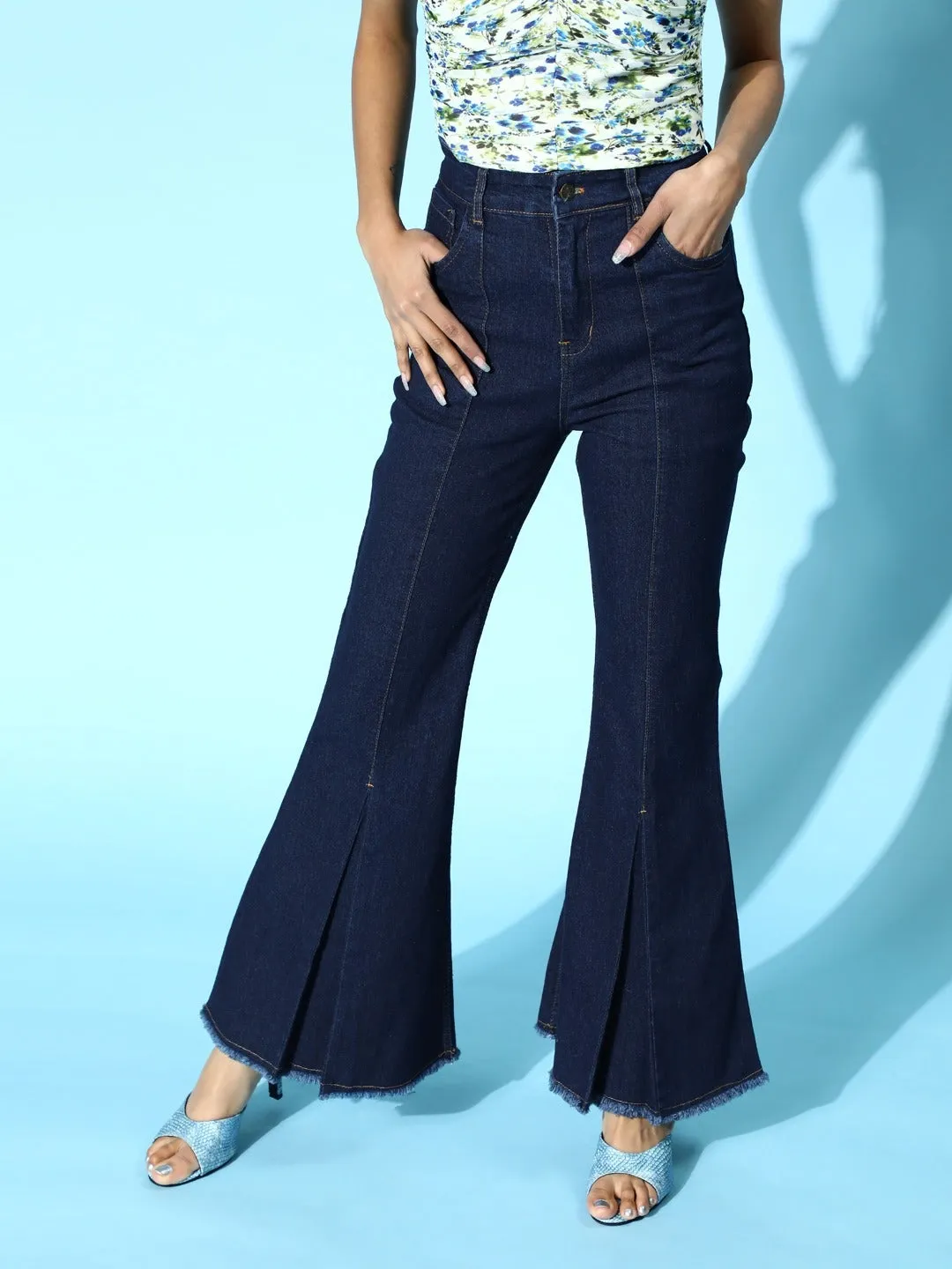 Women Navy Blue Front Slit Bell Bottom Jeans